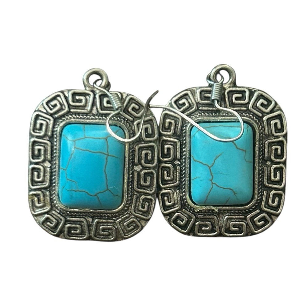 Turquoise‎ Stone Silver Tone Southwestern Style Dangle Earrings Jewelry
